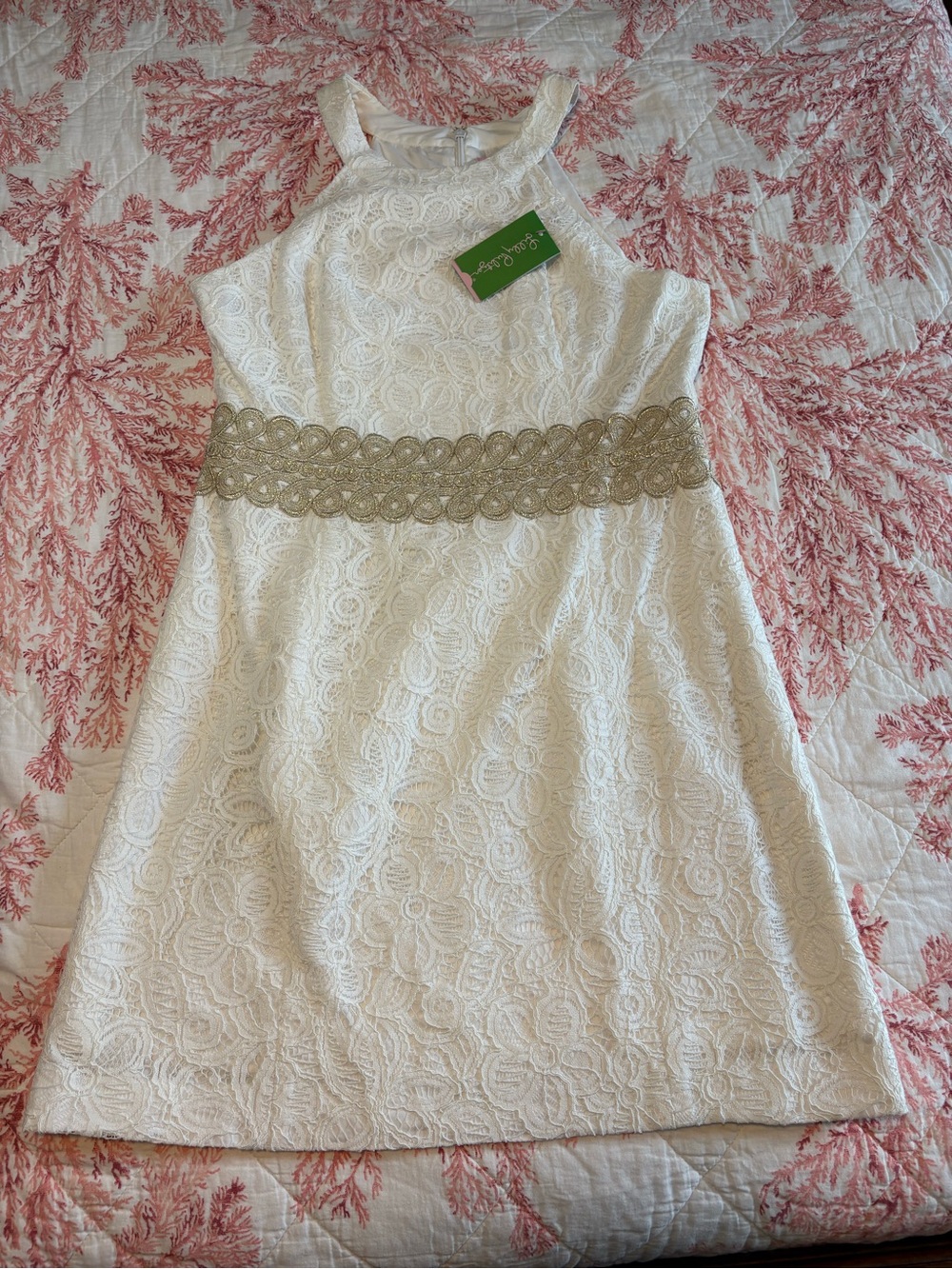 Lilly Pulitzer White Lace Midi Dress with Gold Waist Detail